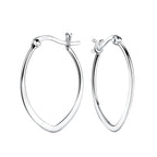 Elongated silver French lock  hoop earrings on a white background