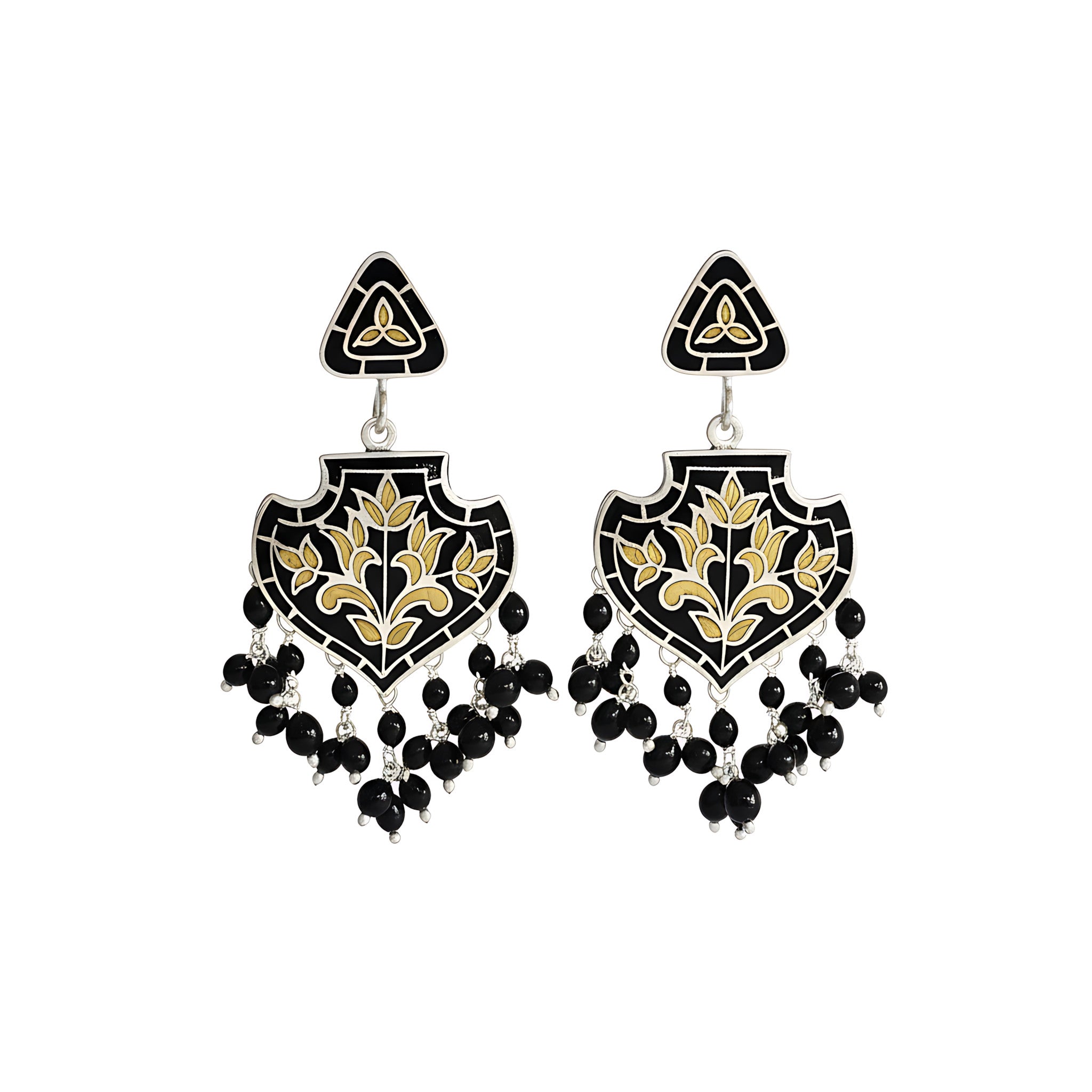 Pair of decorative enamel silver earrings with intricate designs with black and gold colours on a white background