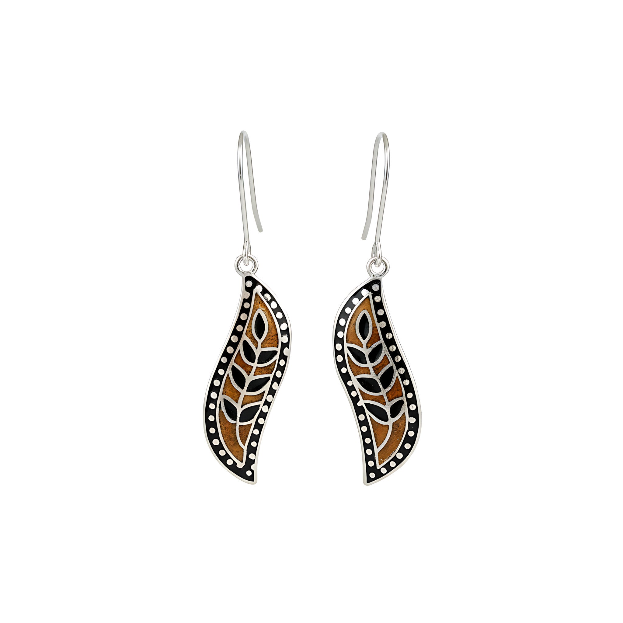 Pair of enamel silver earrings with black and brown design on a white background