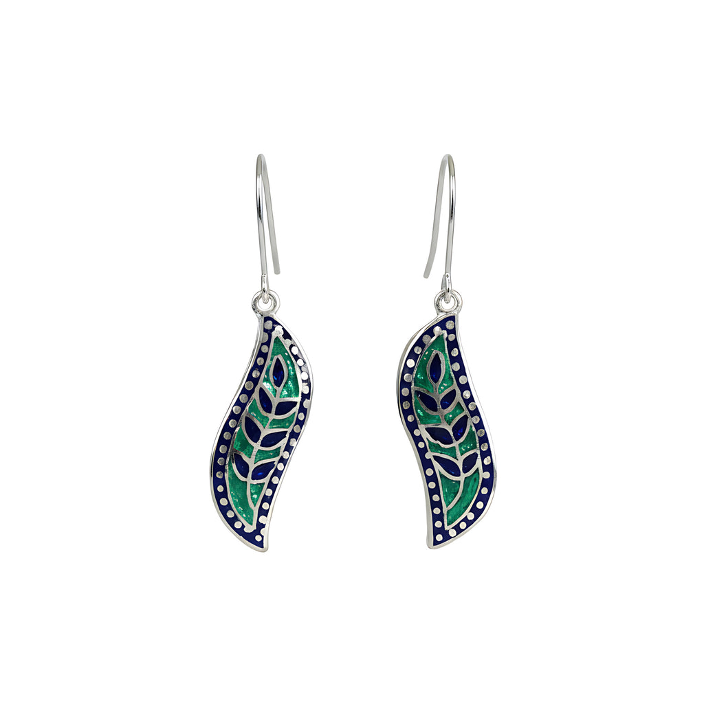 Pair of enamel silver earrings with green and blue leaf-like designs on a white background