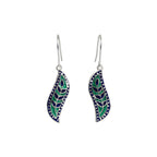 Pair of enamel silver earrings with green and blue leaf-like designs on a white background