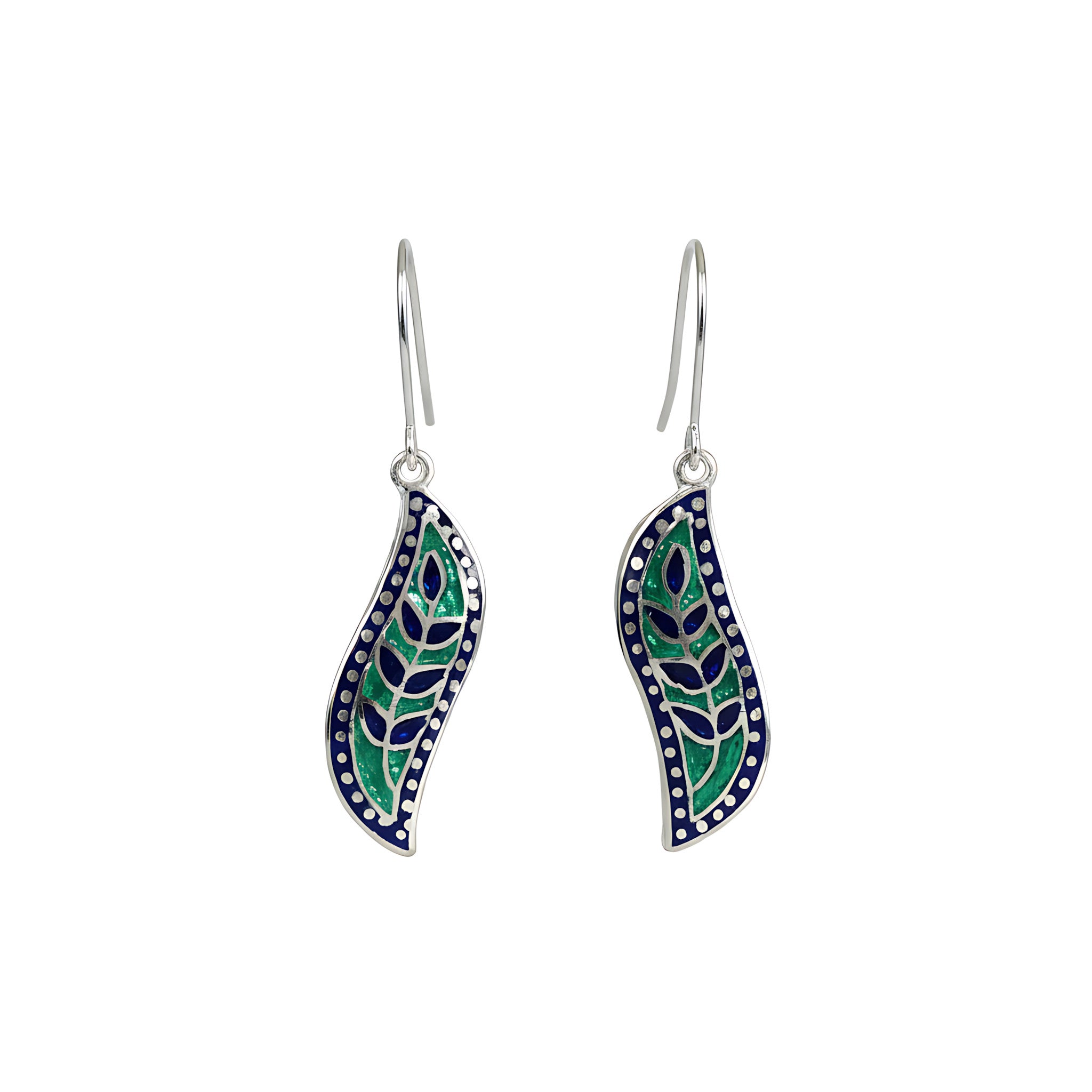 Pair of enamel silver earrings with green and blue leaf-like designs on a white background