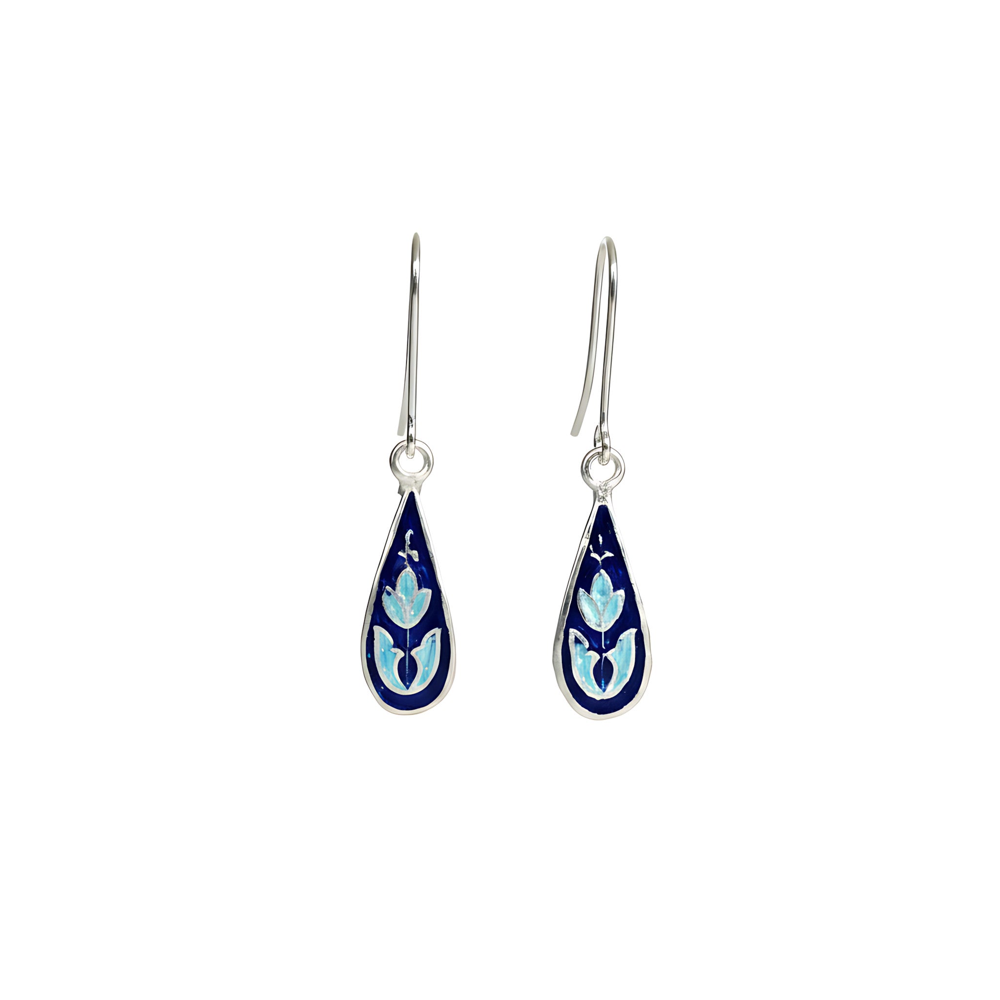 Droplet-shaped silver enamel earrings with blue floral design on a white background