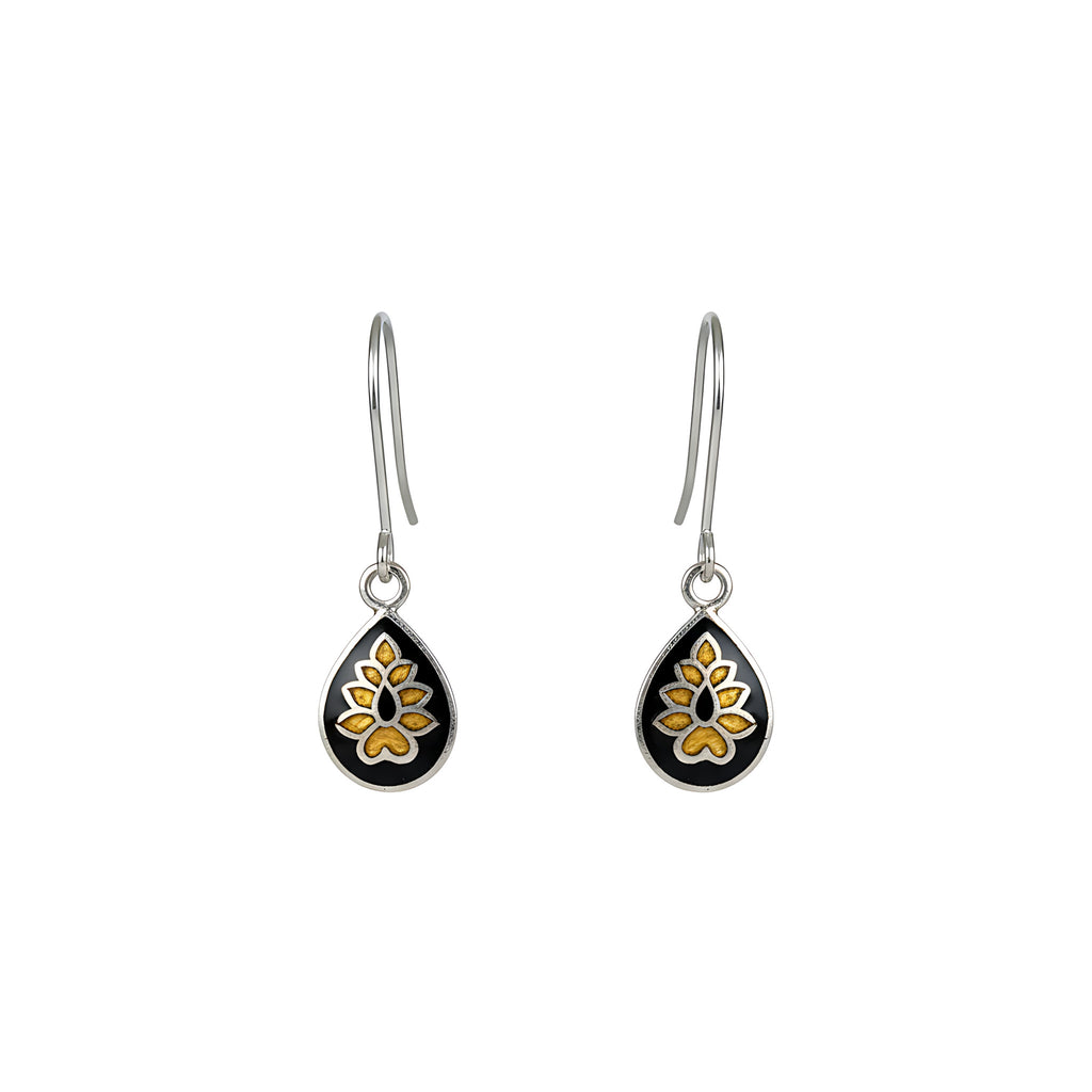 Dewdrop-shaped silver enamel earrings with black and yellow floral designs on a white background
