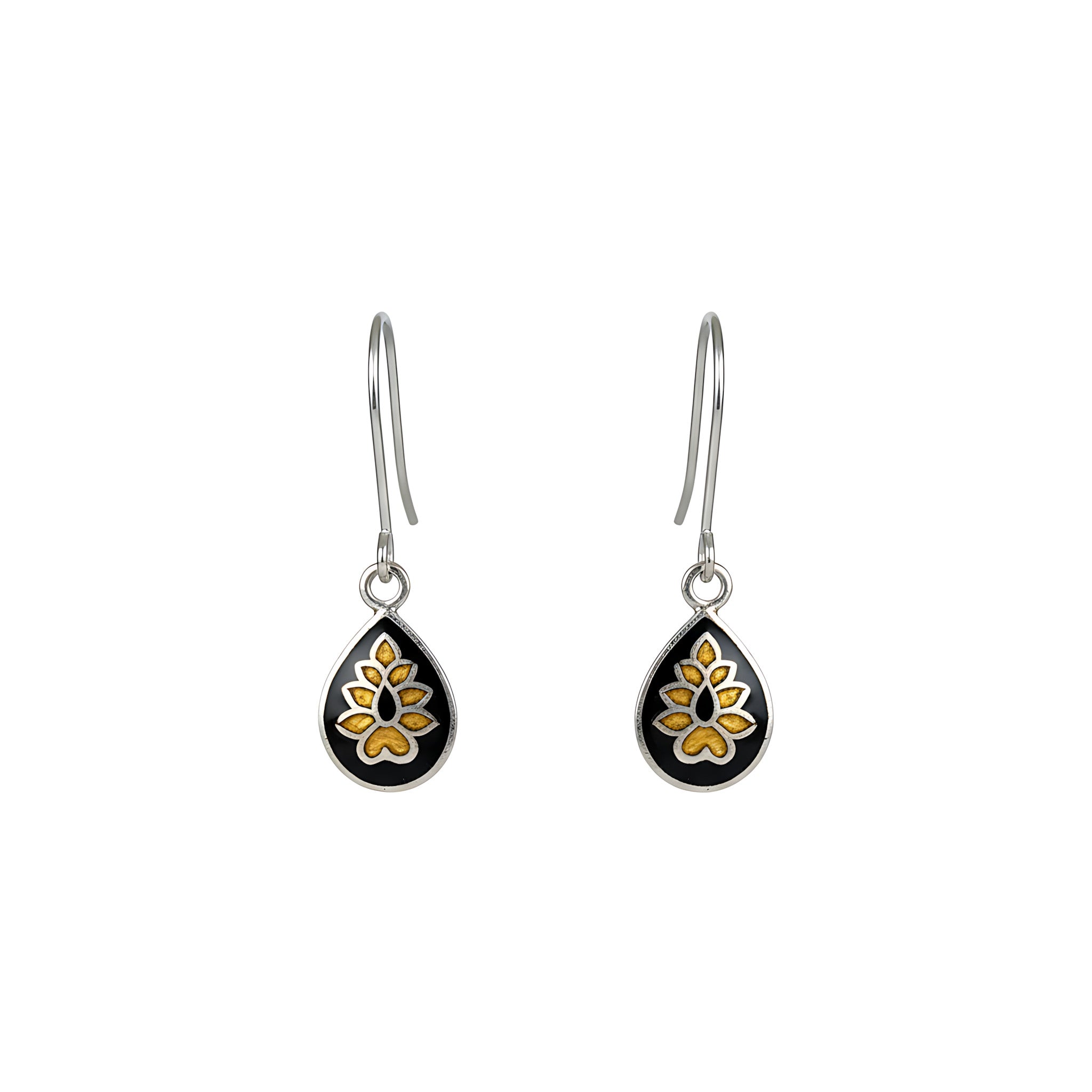 Dewdrop-shaped silver enamel earrings with black and yellow floral designs on a white background