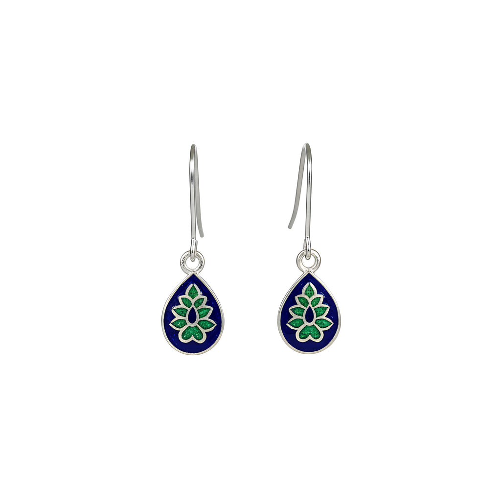 Dewdrop-shaped silver enamel earrings with floral design on a white background