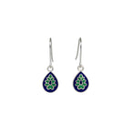 Dewdrop-shaped silver enamel earrings with floral design on a white background