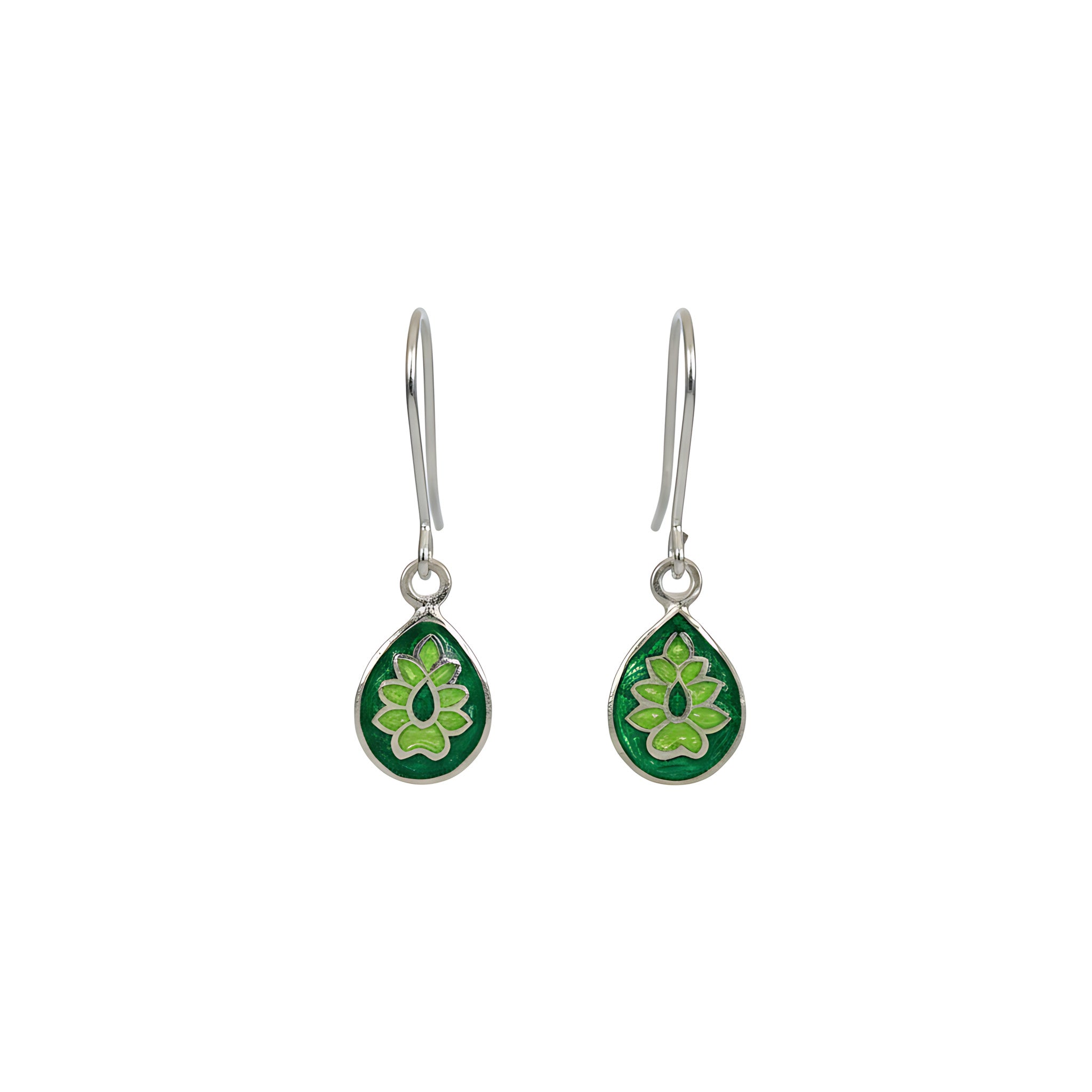 Pair of green dewdrop silver enamel earrings on a white background