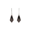 Pair of black and silver kite-shaped silver enamel earrings on a white background