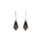 Pair of black and silver kite-shaped silver enamel earrings on a white background