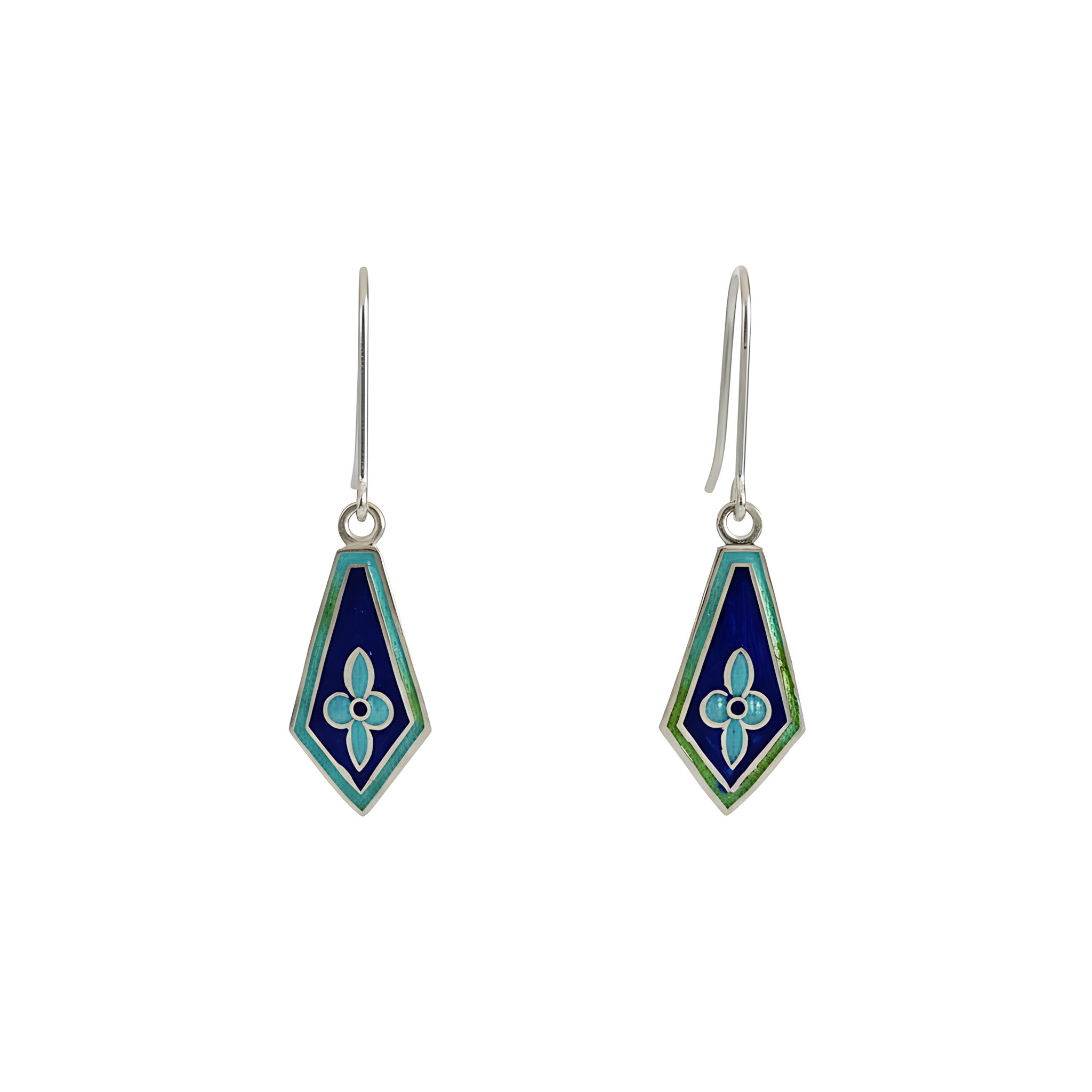 Pair of kite-shaped silver enamel earrings with blue and green design on a white background