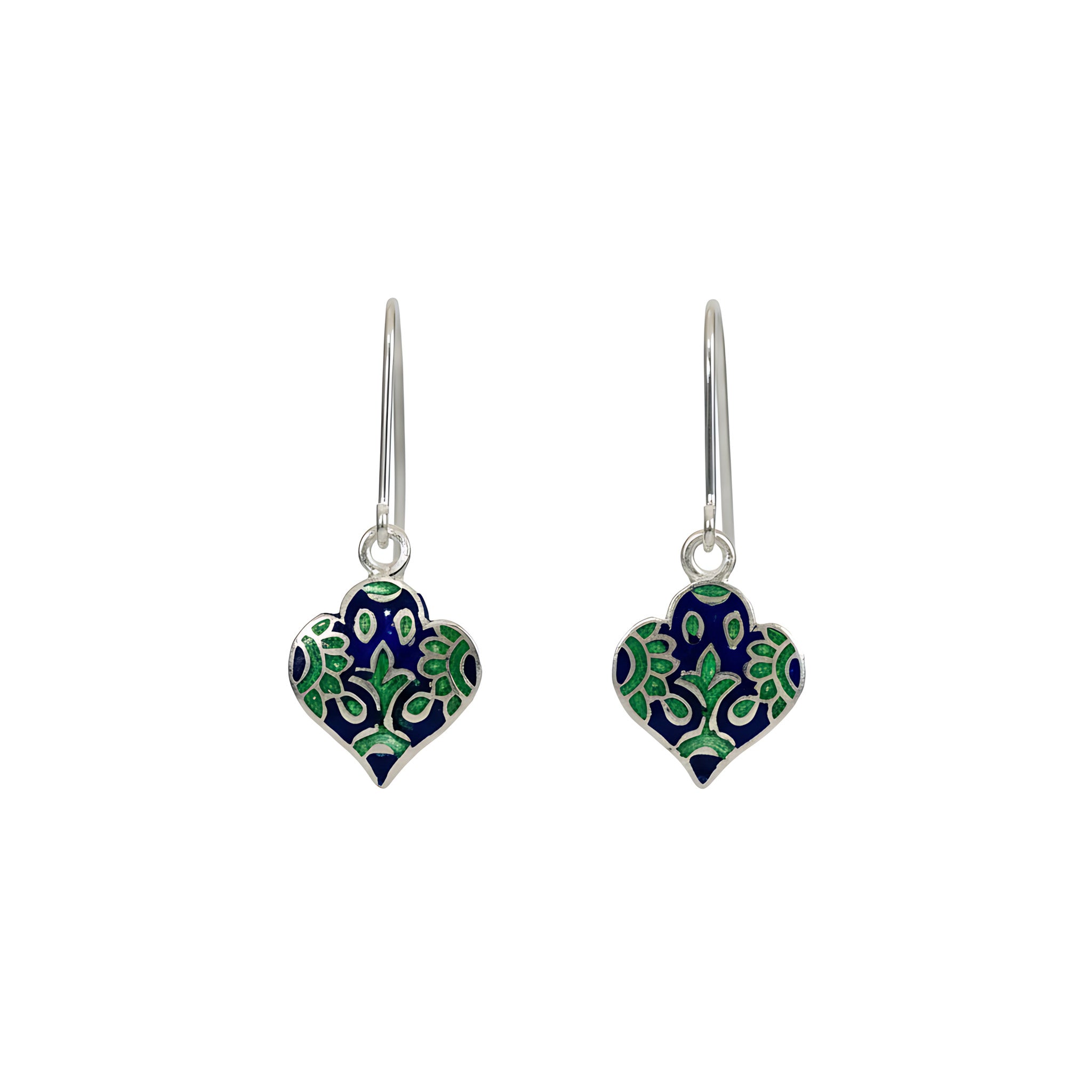 Lantern-shaped silver enamel earrings with blue and green patterns on a white background
