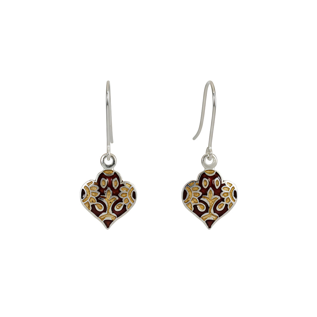 Lantern-shaped silver enamel earrings with floral design on a white background
