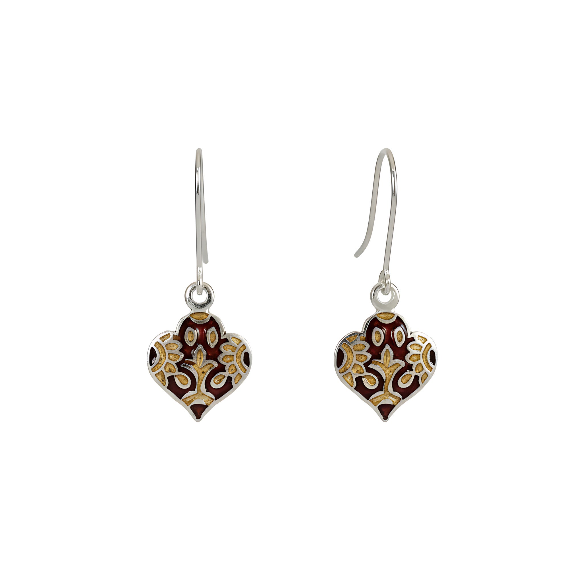 Lantern-shaped silver enamel earrings with floral design on a white background