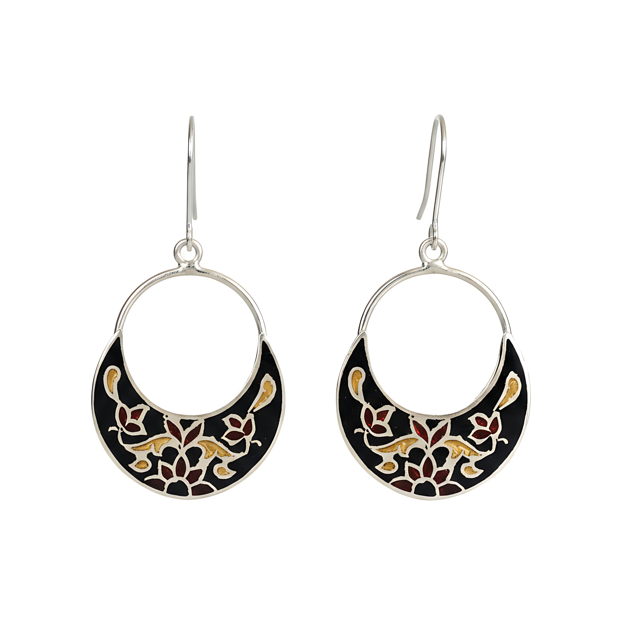 Pair of silver enamel earrings with black and gold floral patterns on a white background