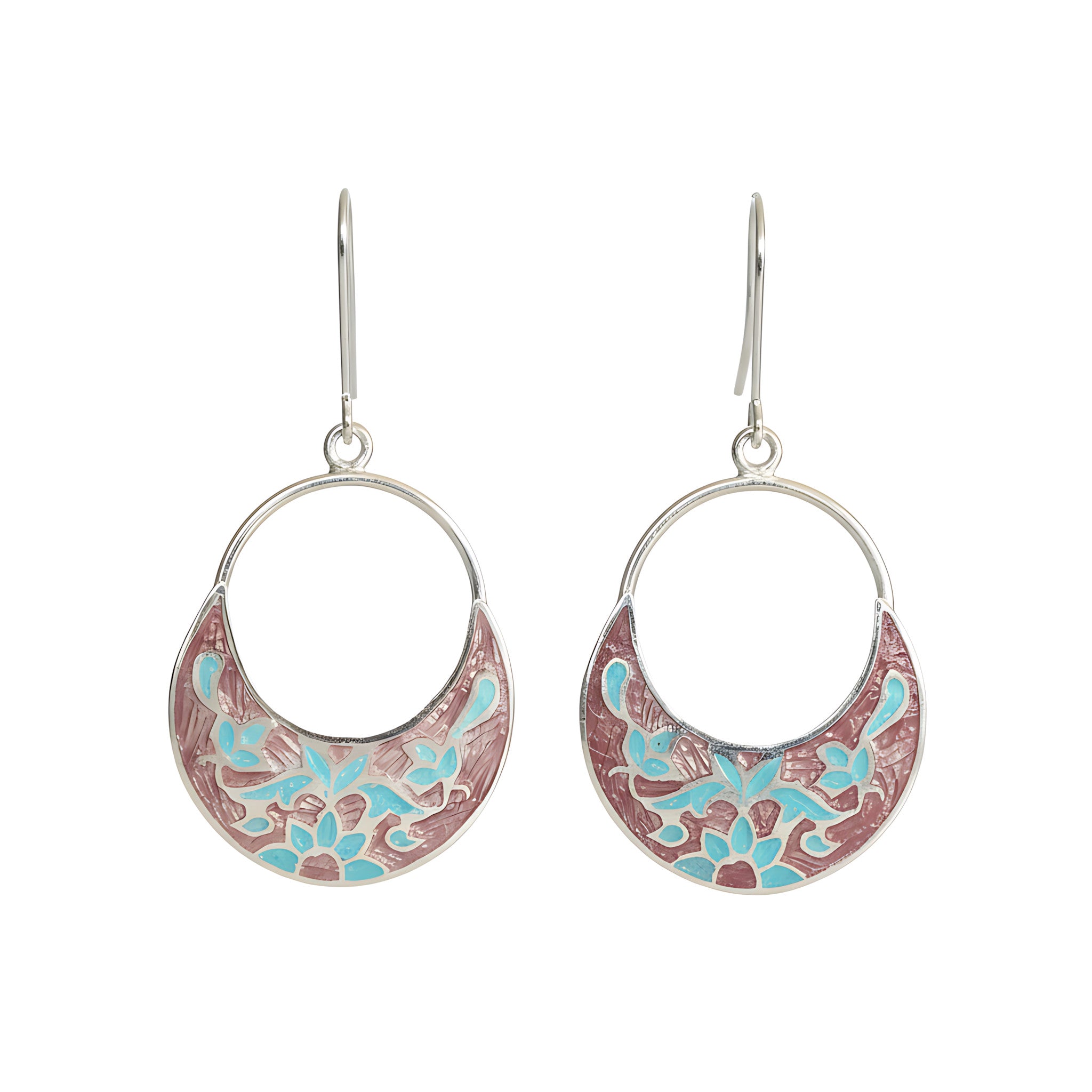 Pair of silver enamel earrings with floral design on a white background
