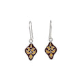 Pair of diamond-shaped silver enamel earrings with floral design on a white background