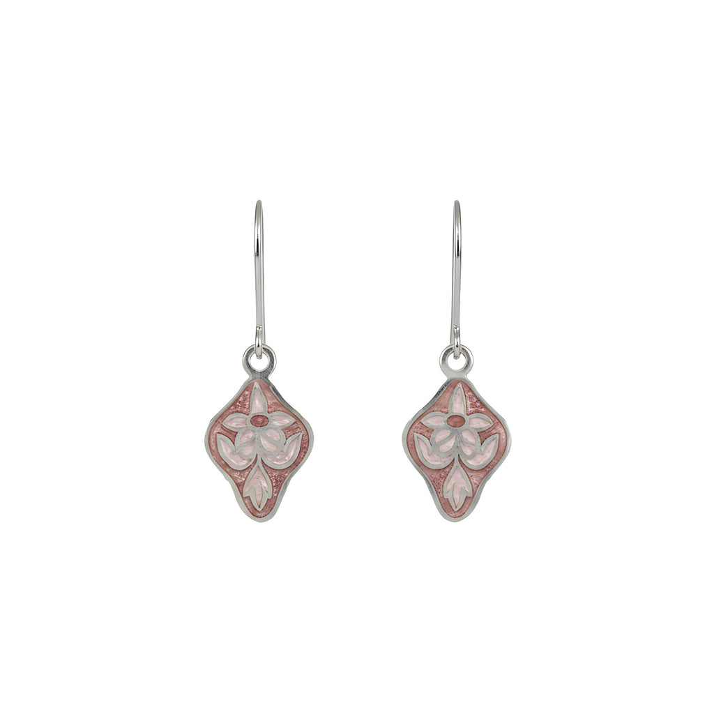 Pair of silver enamel earrings with pink accents on a white background
