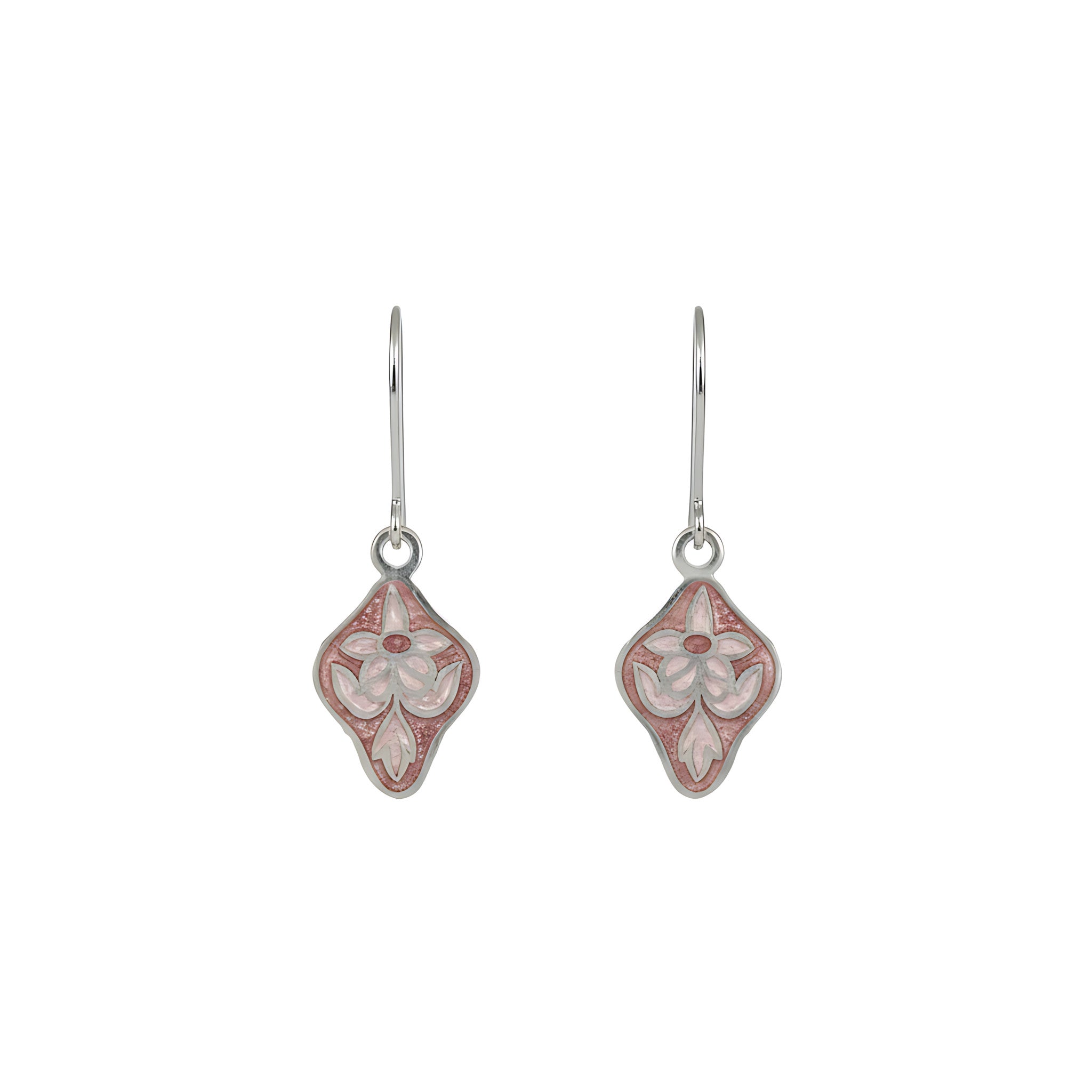 Pair of silver enamel earrings with pink accents on a white background