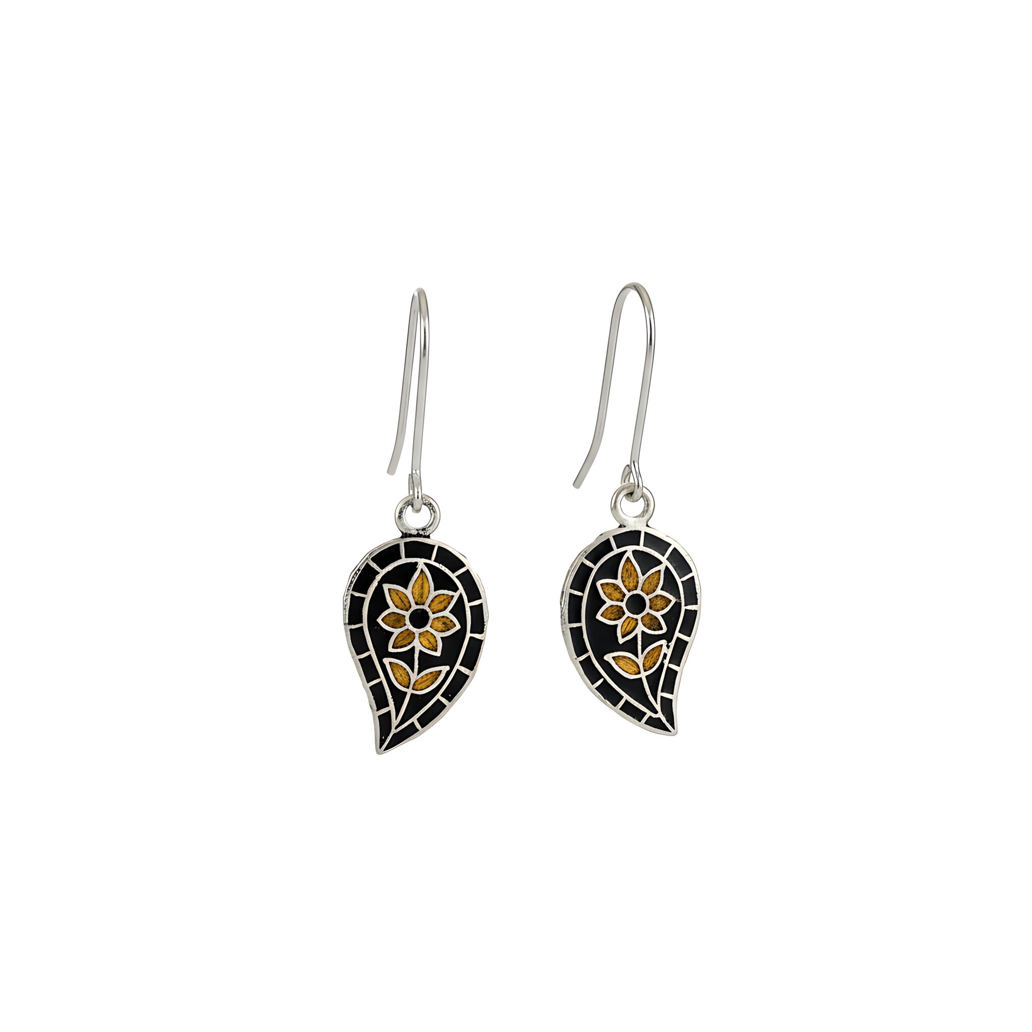 Pair of silver enamel earrings with black and gold floral designs on a white background