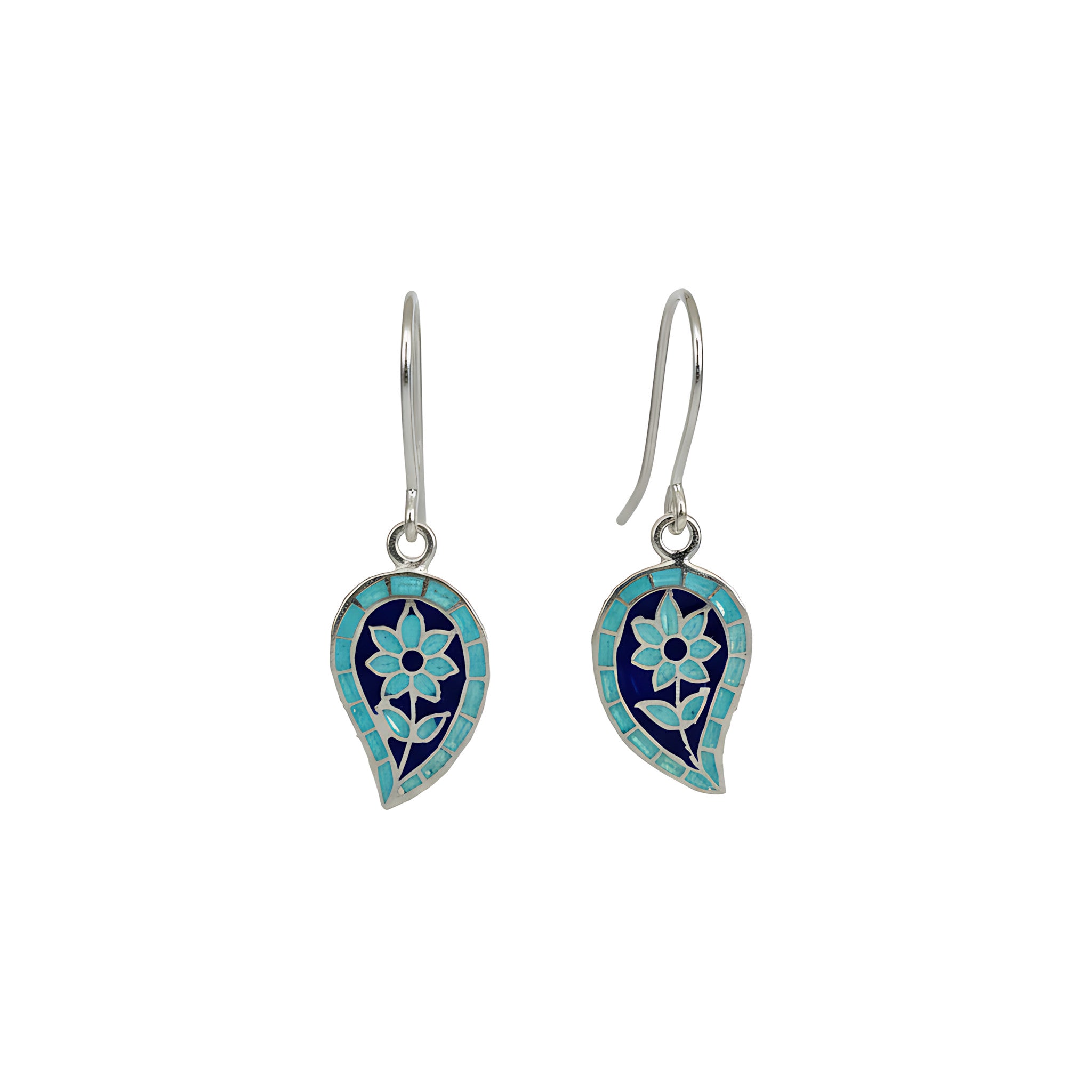 Pair of silver enamel earrings with blue floral design on a white background