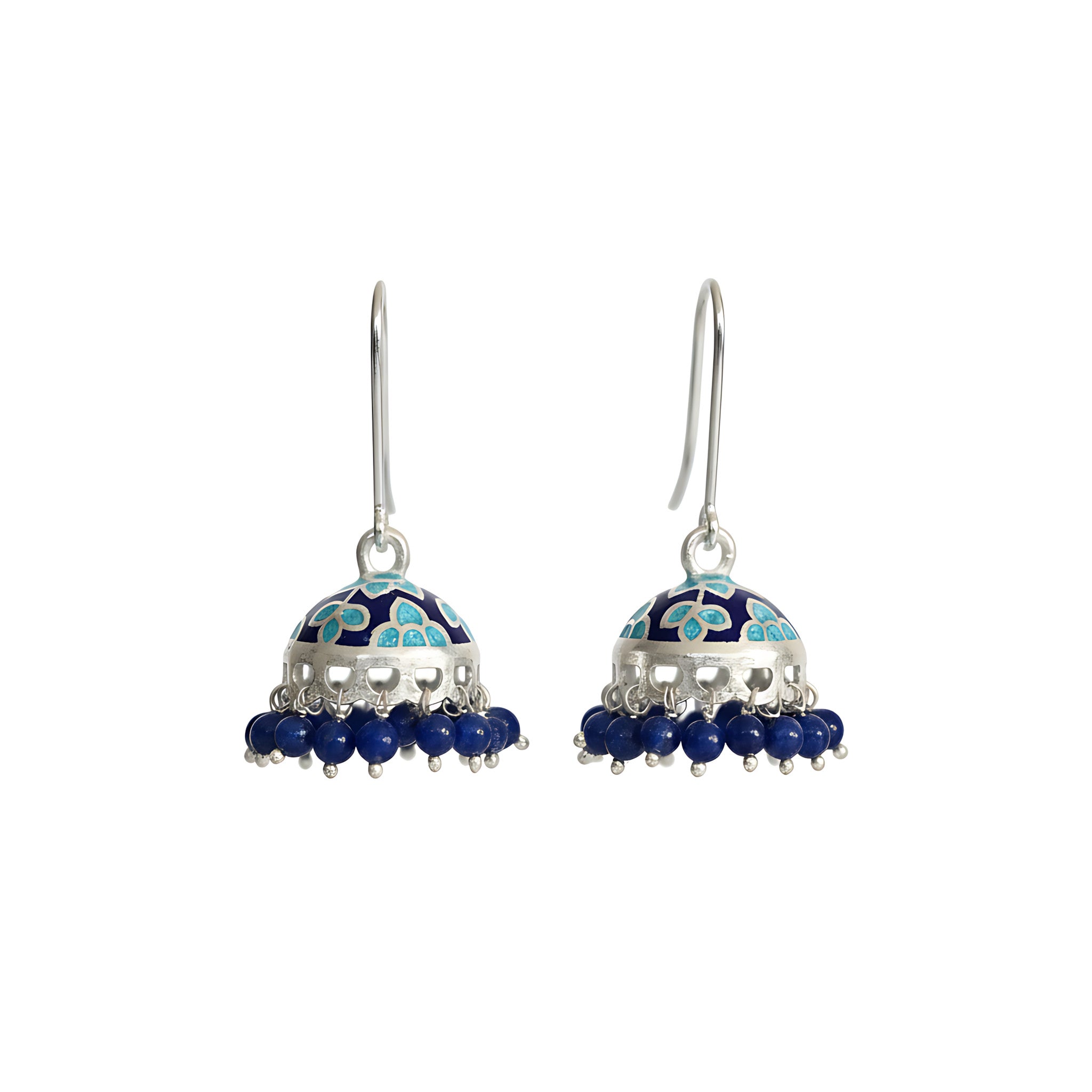 Pair of silver enamel jhumka earrings with blue and white floral designs on a white background