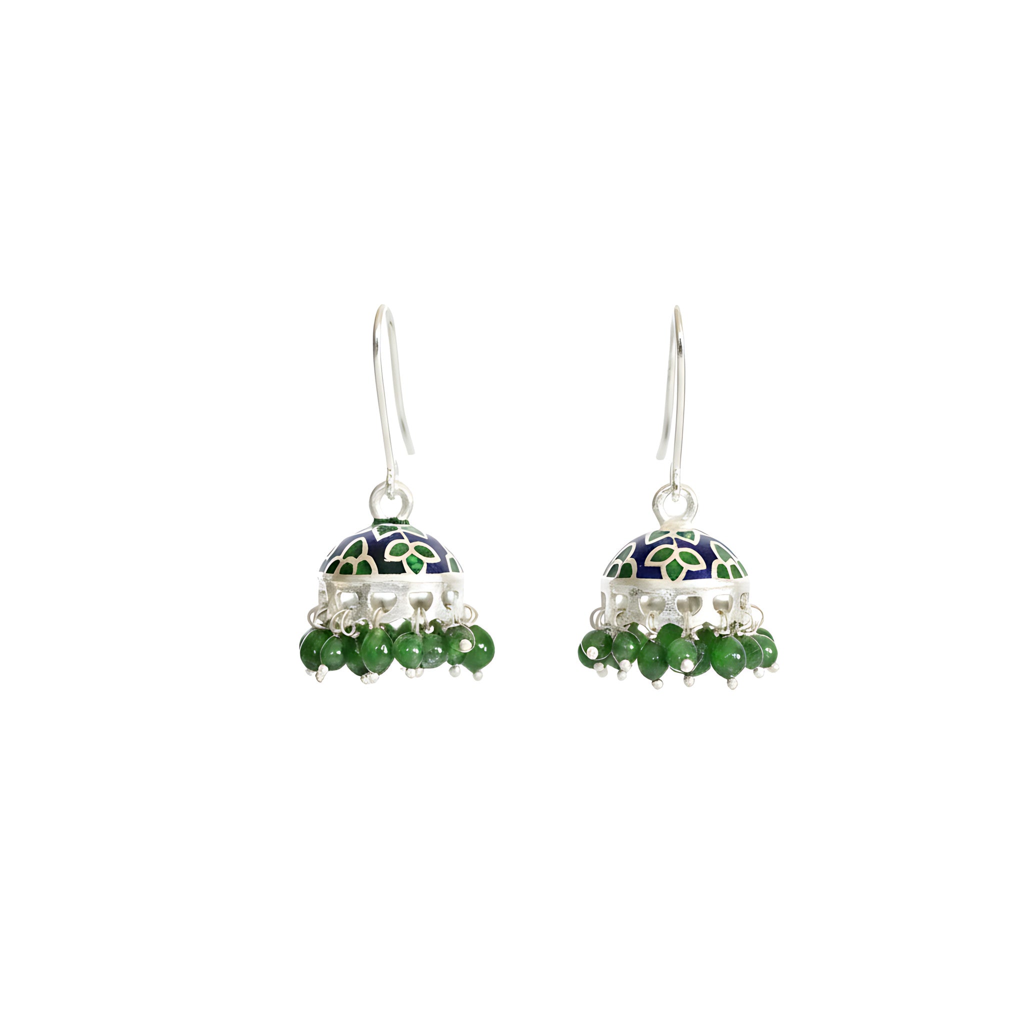 Pair of silver enamel jhumka earrings with green beads on a white background