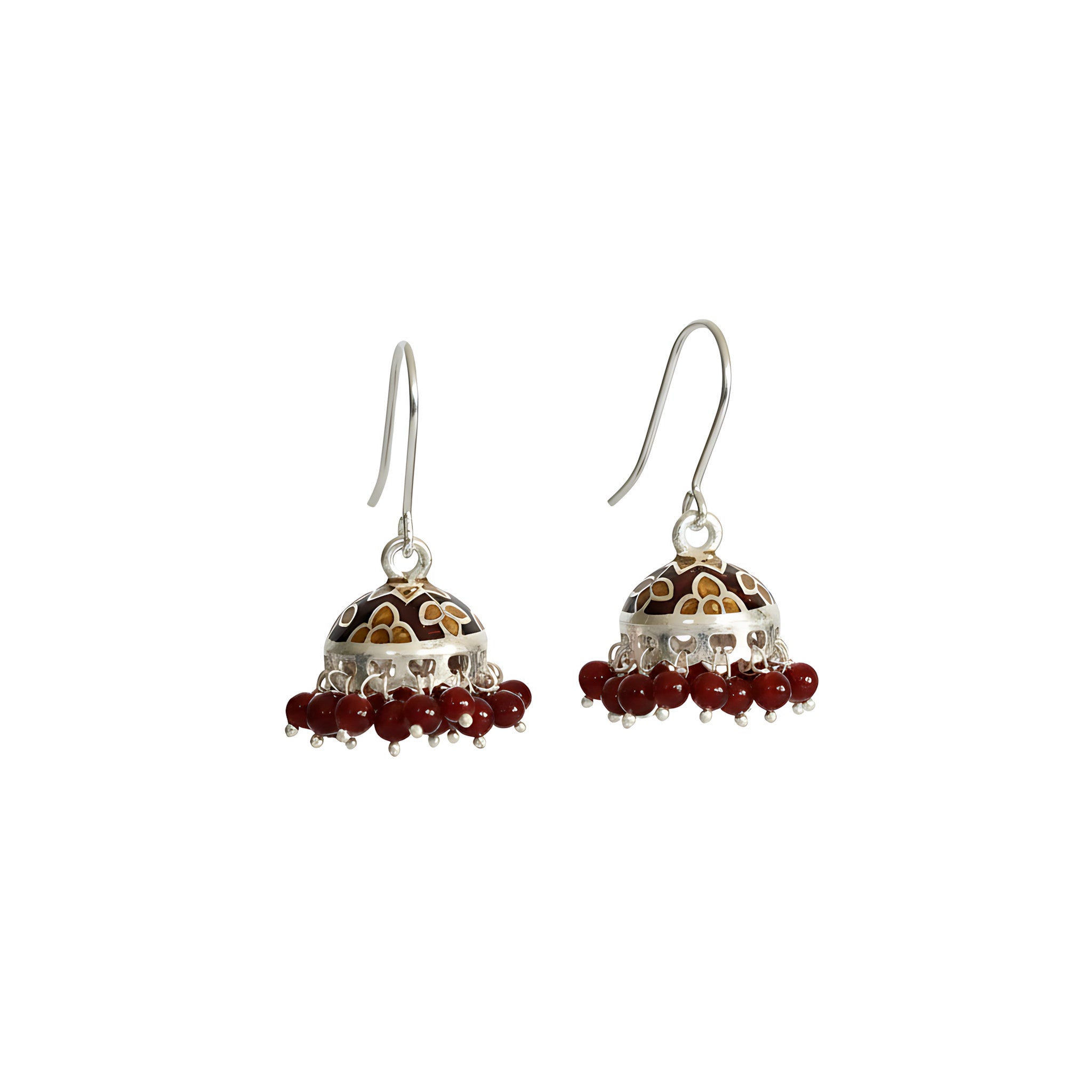Pair of silver enamel jhumka earrings with red beads on a white background