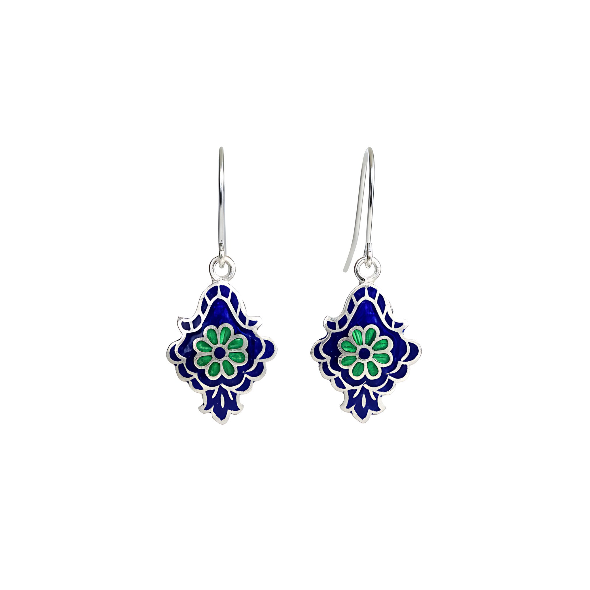 Pair of silver enamel earrings with blue and green floral design on a white background