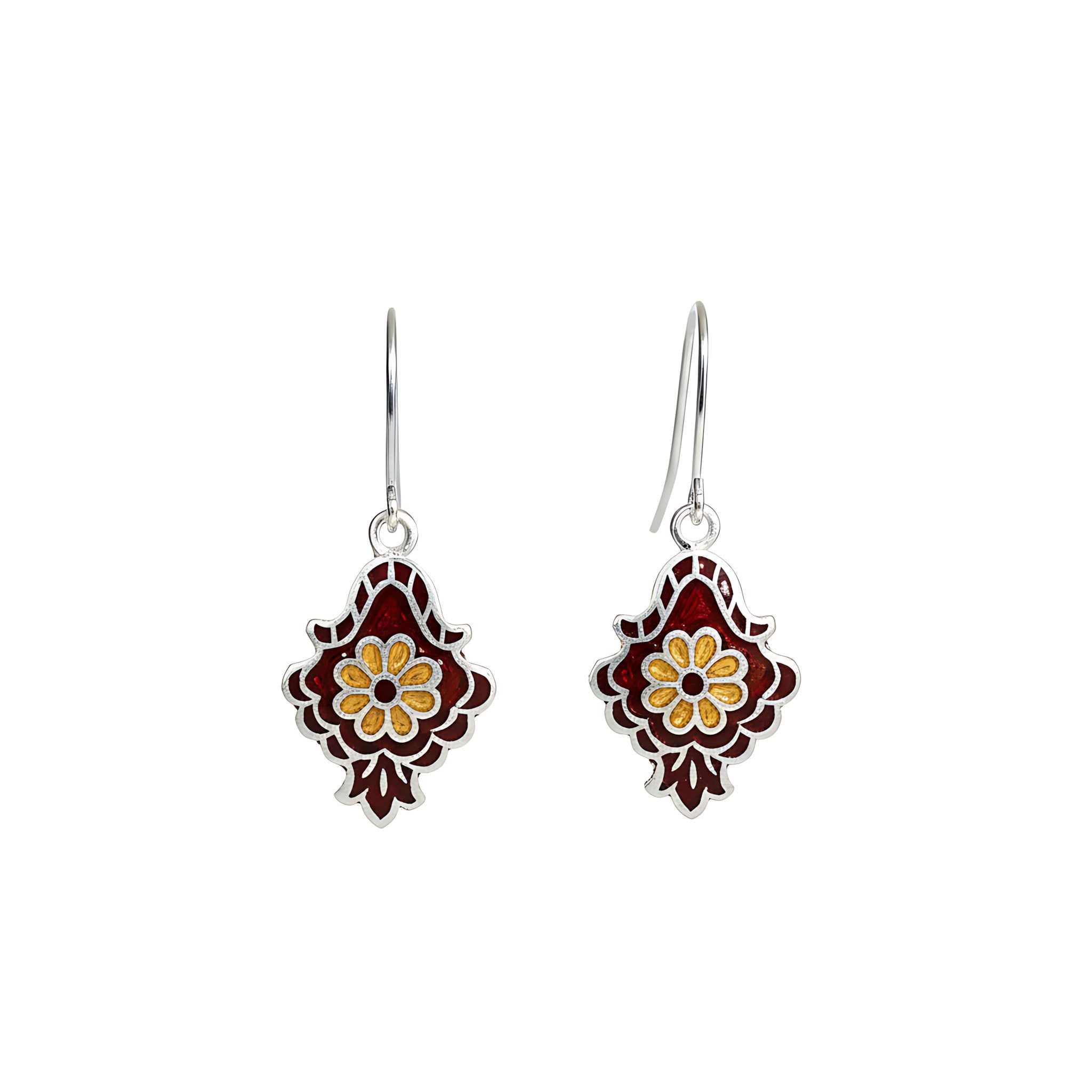 Pair of silver enamel earrings in red and gold colour with floral design on a white background
