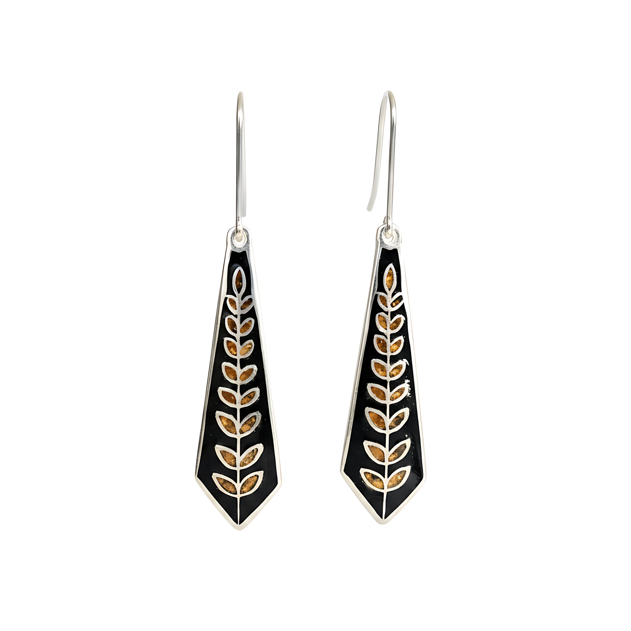 Pair of black silver enamel earrings with gold leaf patterns on a white background