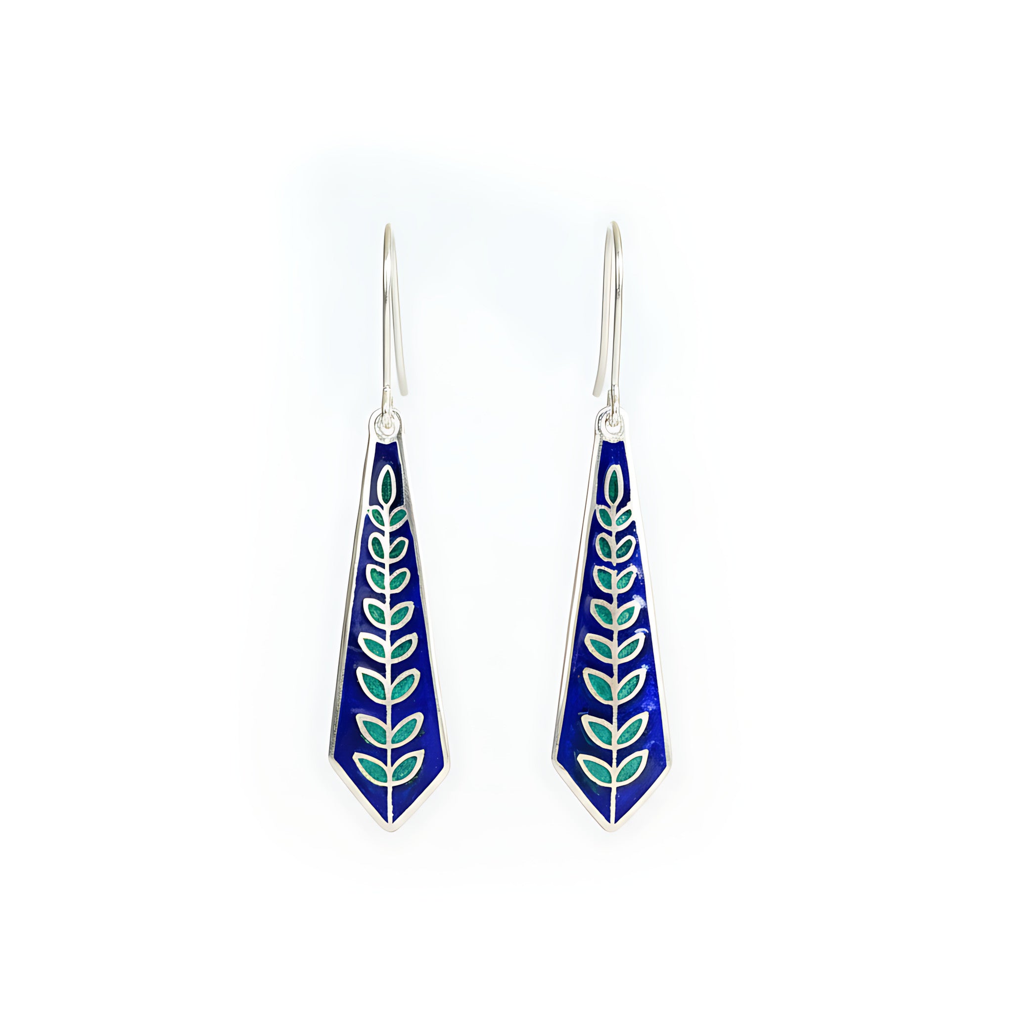 Pair of blue-green enamel silver earrings on a white background