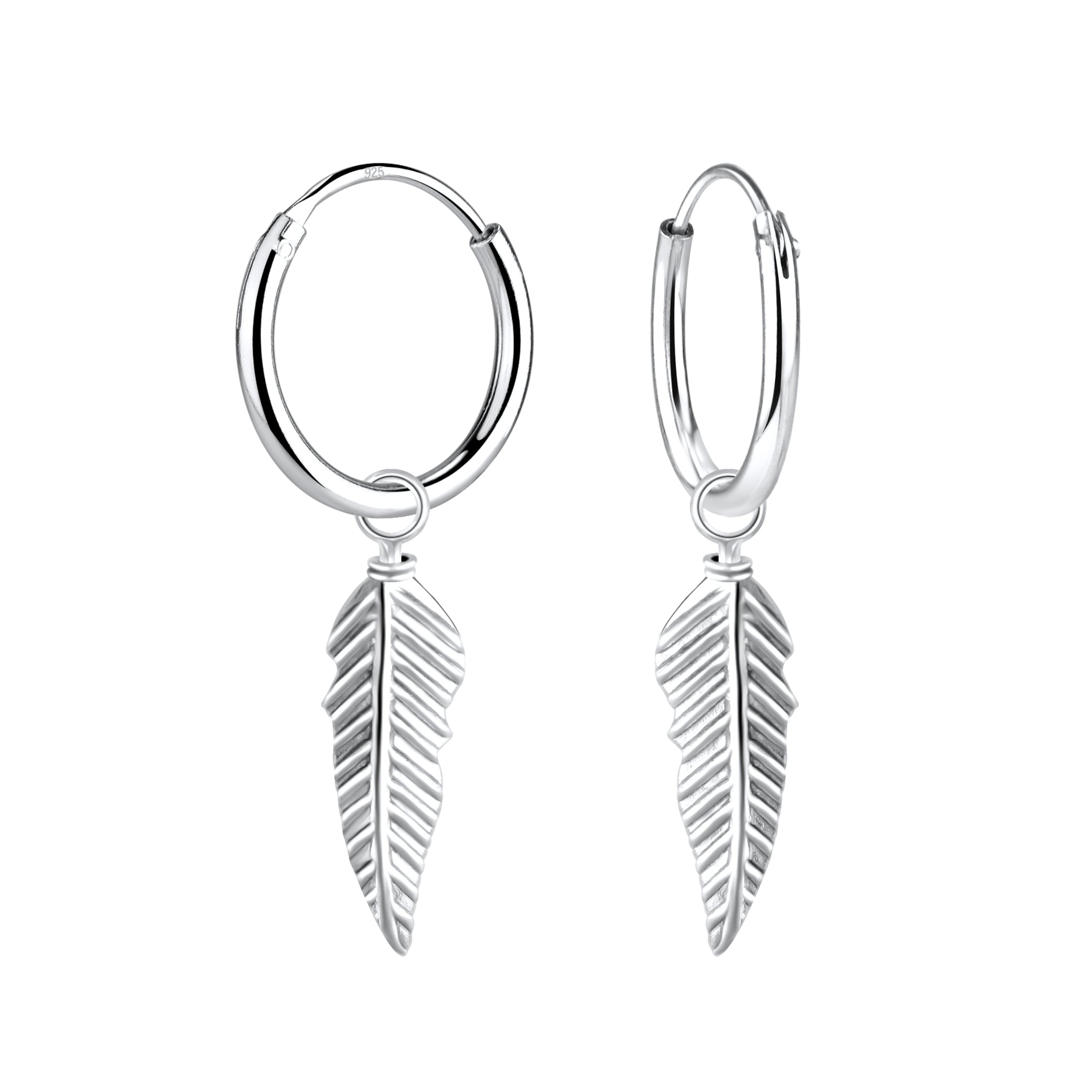 Silver hoop earrings with leaf-shaped charms on a white background
