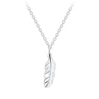 Silver feather pendant necklace on a white background