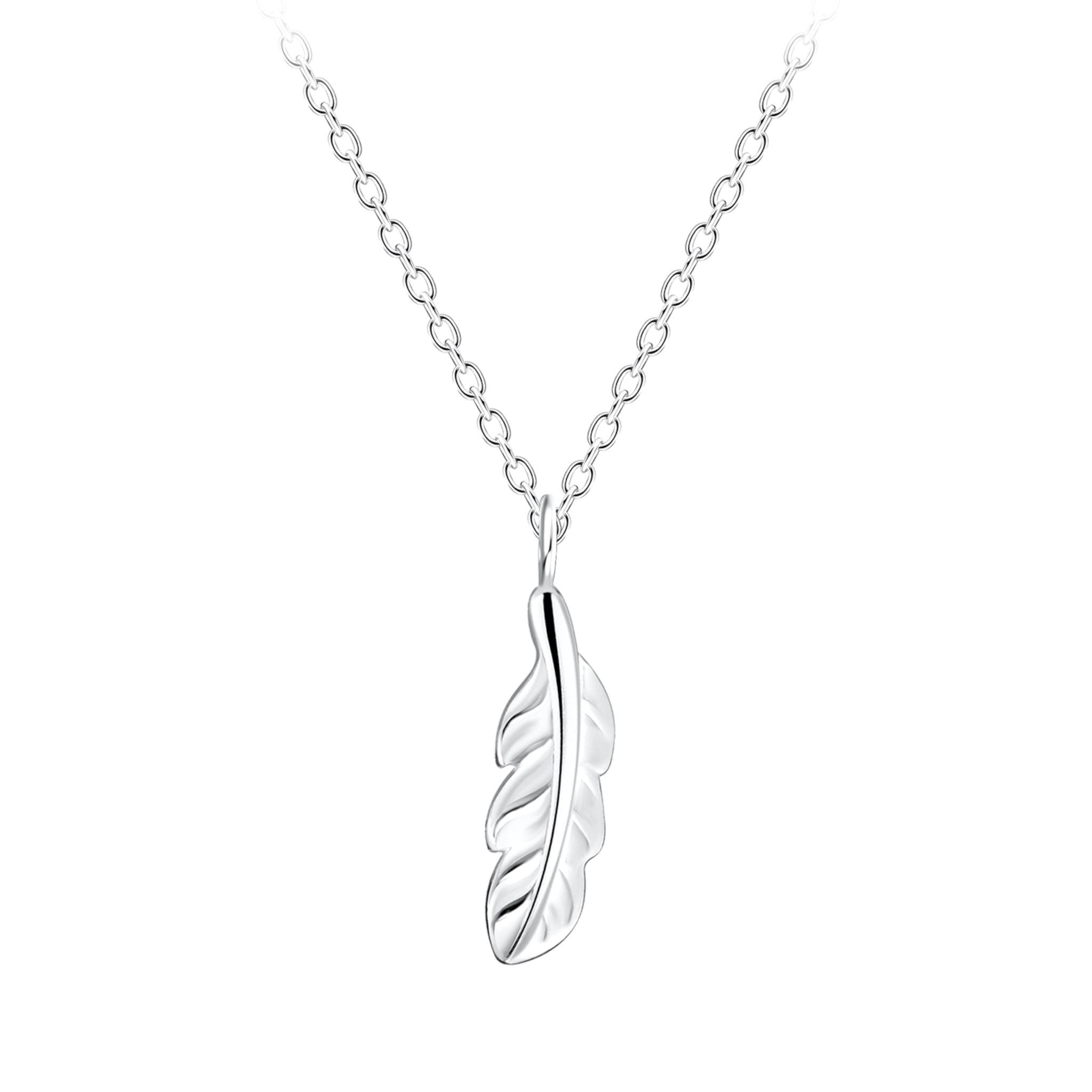 Silver feather pendant necklace on a white background