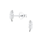Silver feather-shaped stud earrings on a white background