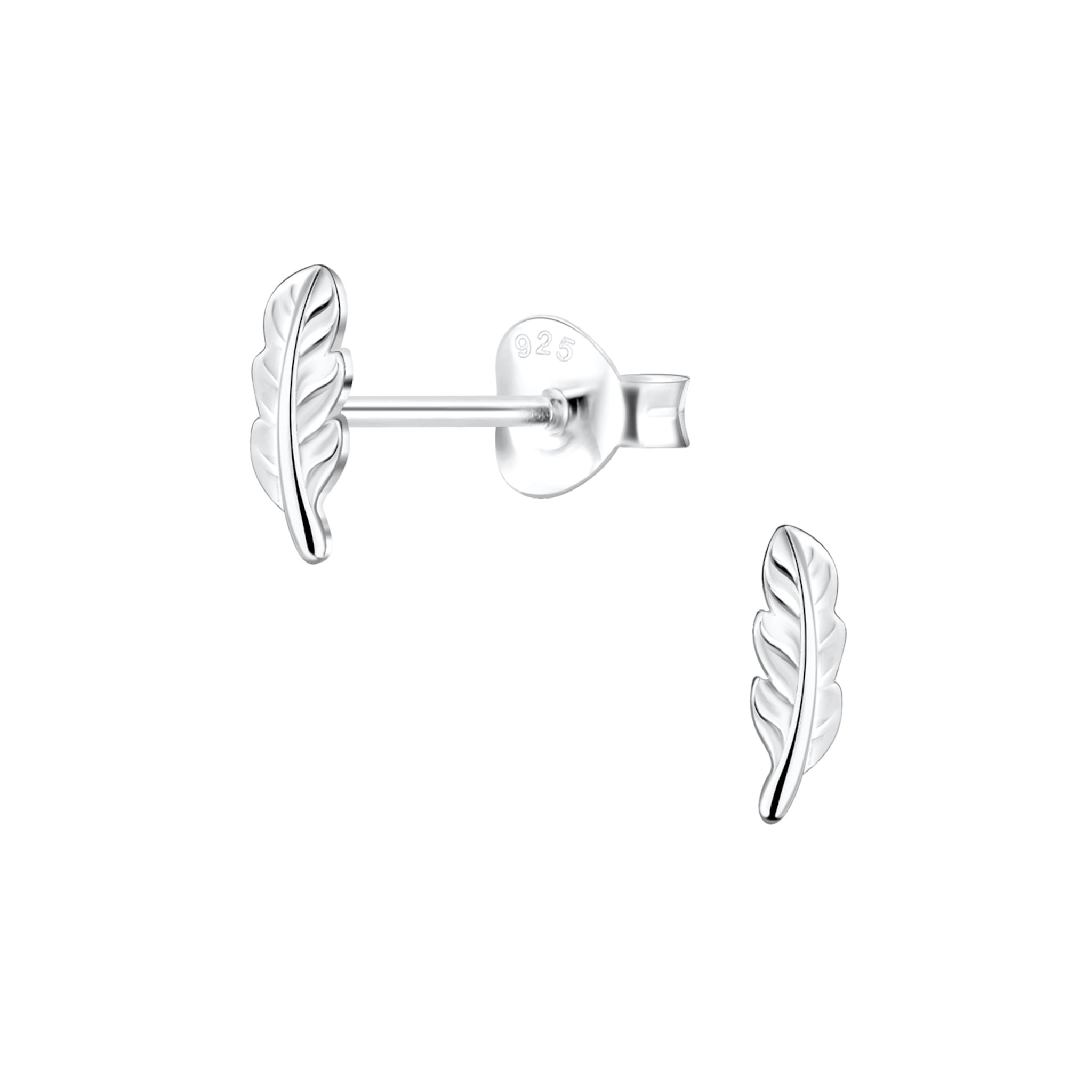 Silver feather-shaped stud earrings on a white background
