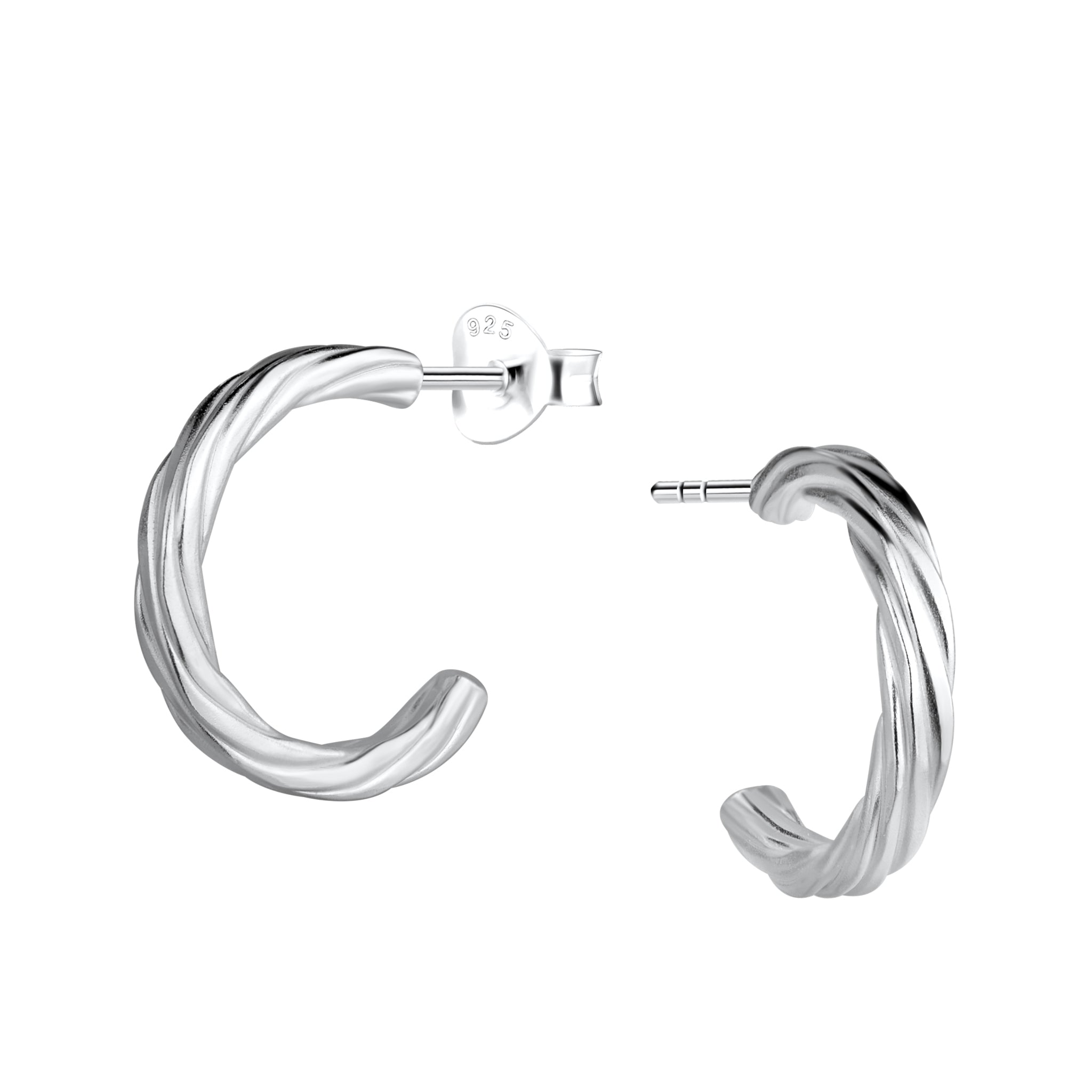 Twisted silver half hoop stud  earrings on a white background