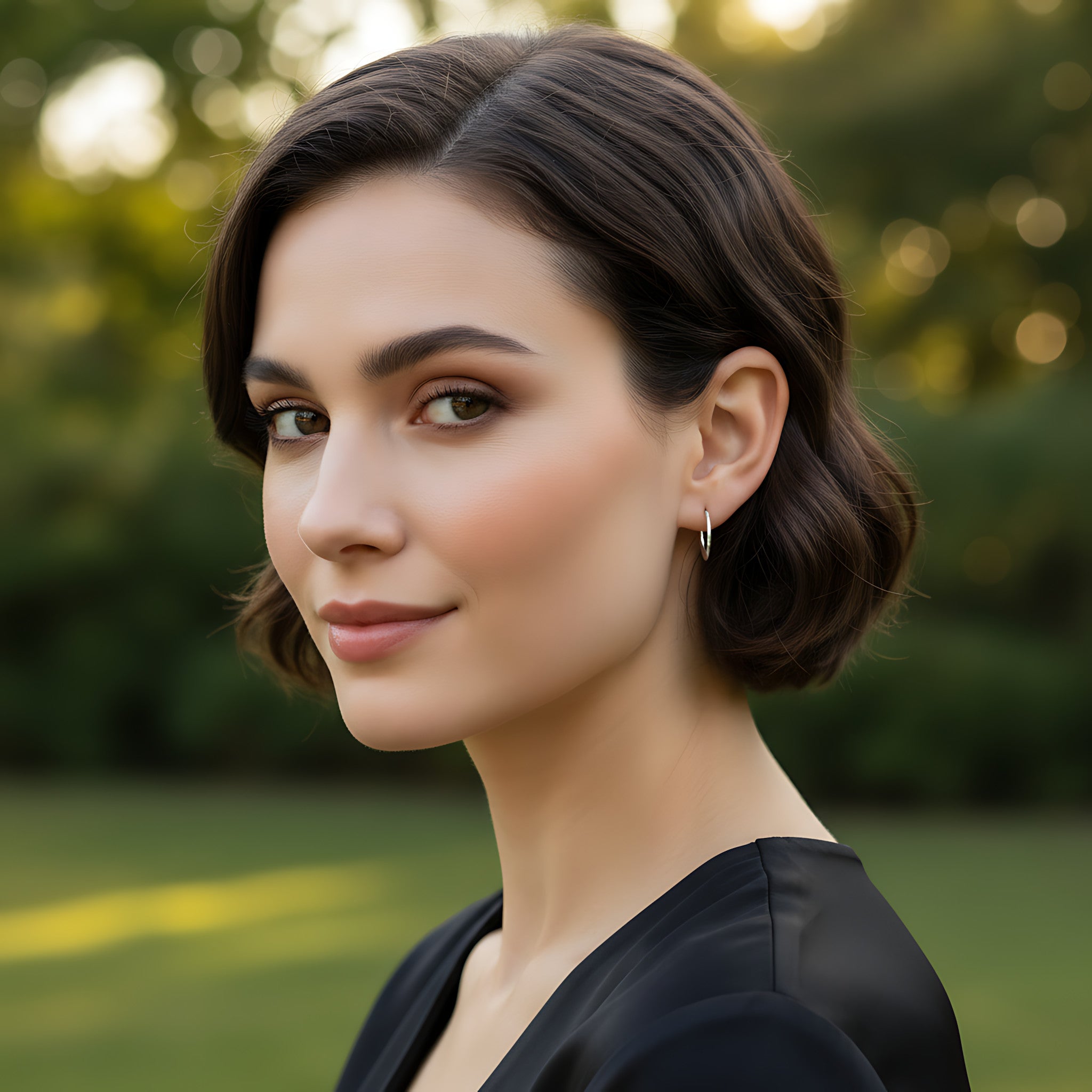 Woman with short brown hair wearing a black top and flat French lock silver hoop earring outdoors