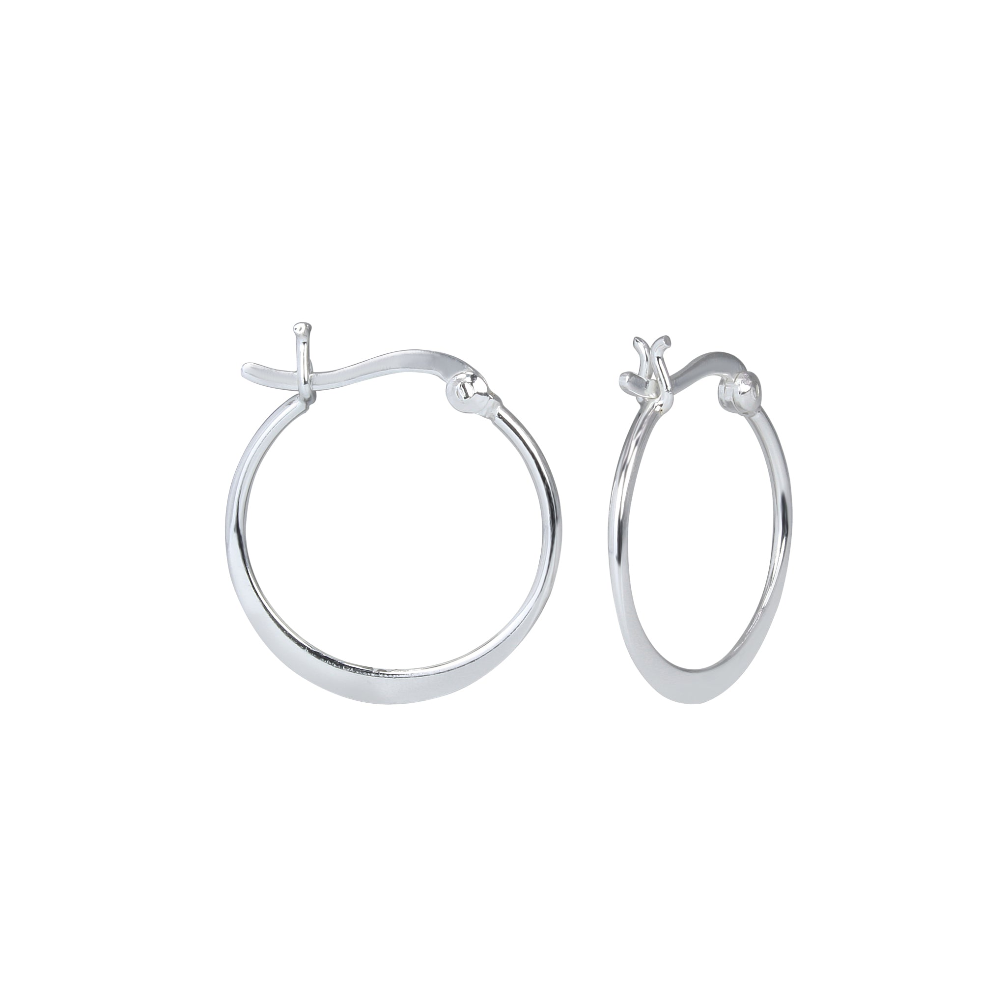 Flattened silver French lock hoop earrings on a white background