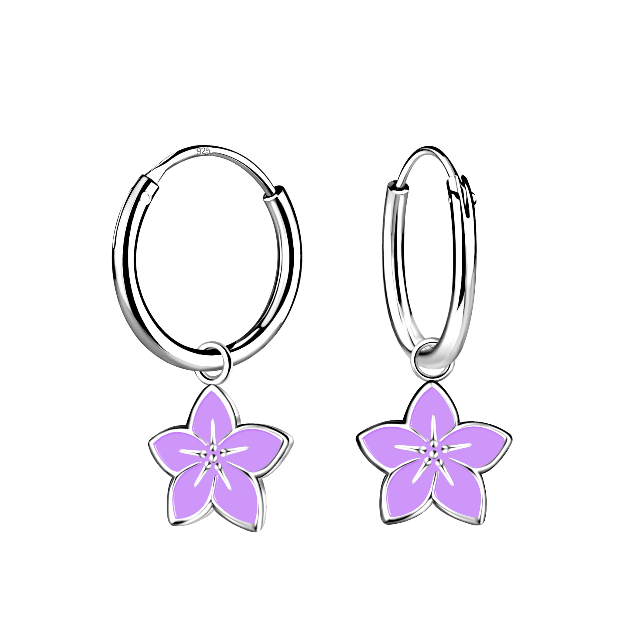 Silver hoop earrings with purple flower charms on a white background