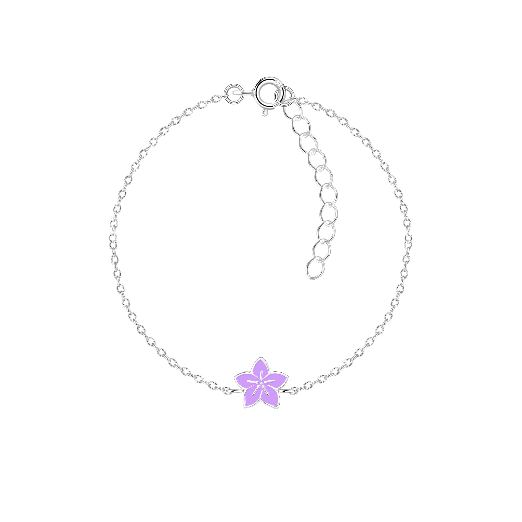 Silver bracelet with a purple flower charm on a white background