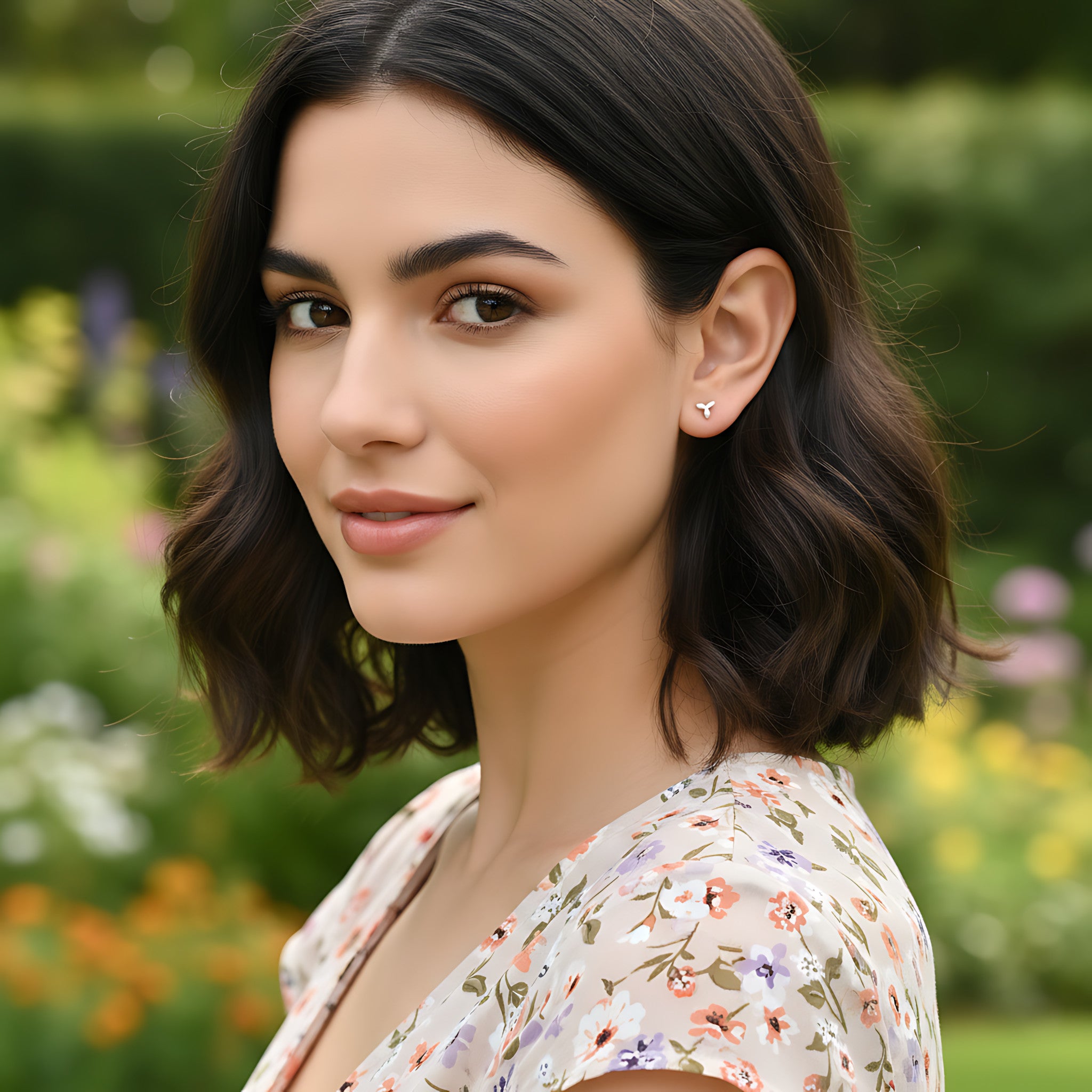 Woman with short dark hair wearing a floral top and silver flower stud earring in a garden setting