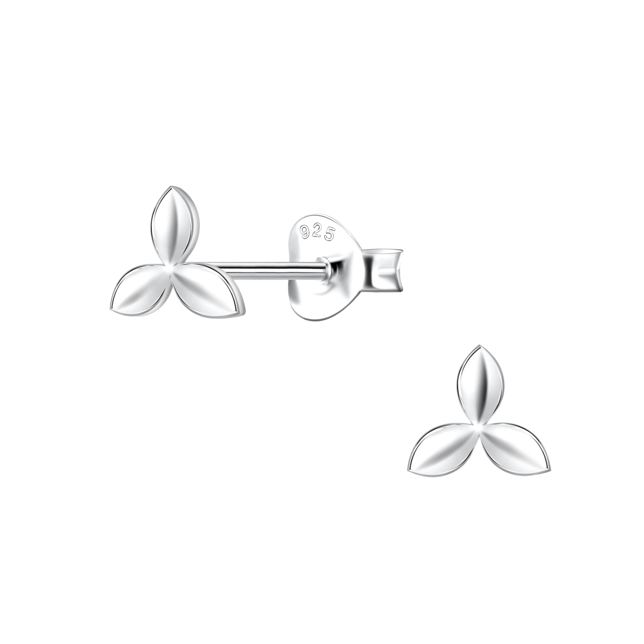 Silver flower-shaped stud earrings on a white background