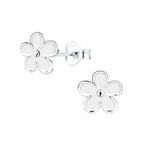 Silver flower-shaped stud earrings on a white background