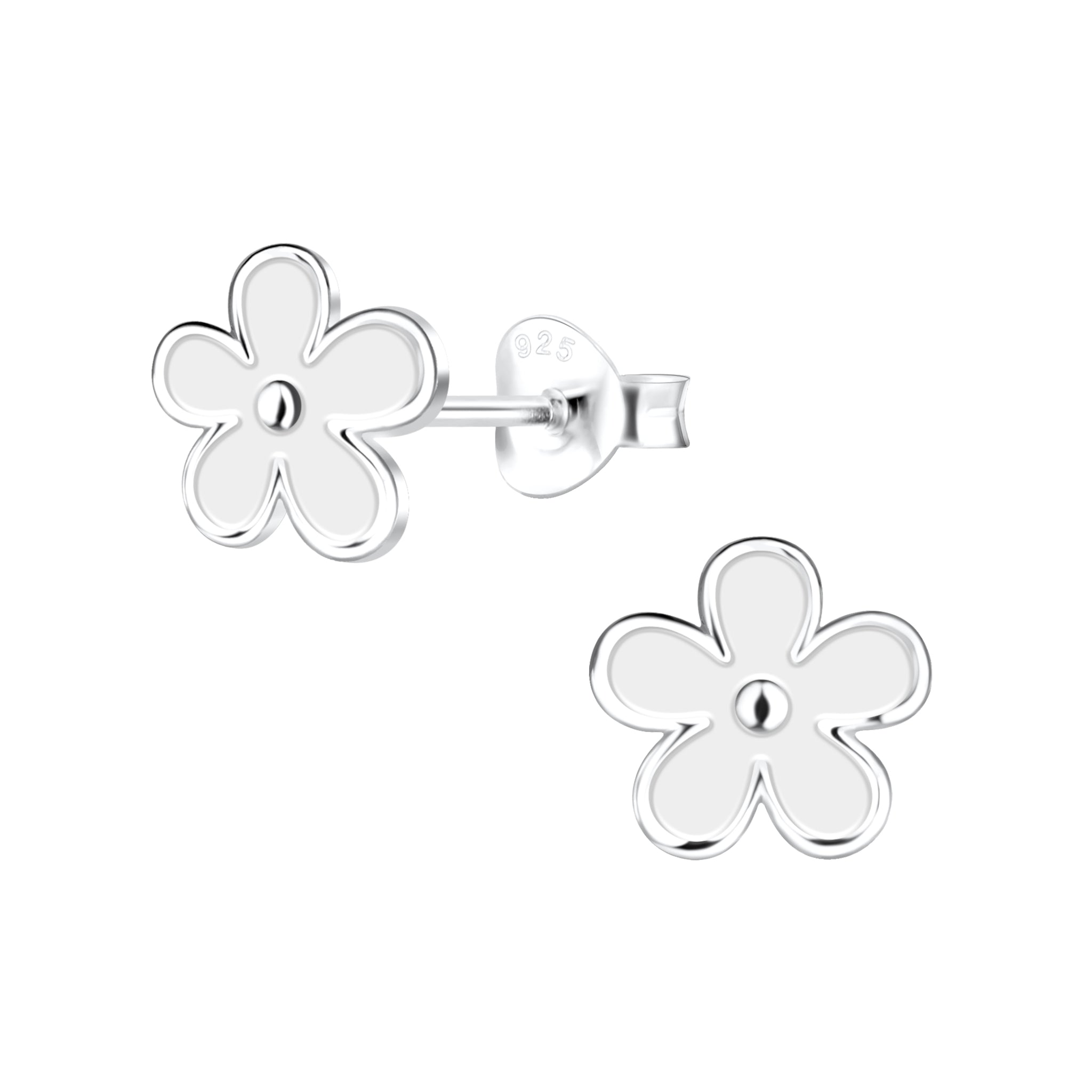 Silver flower-shaped stud earrings on a white background