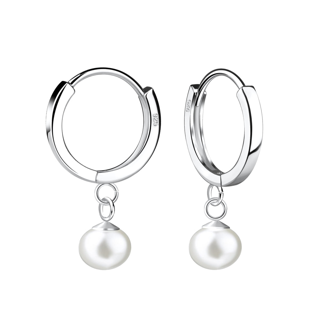 Silver hoop earrings with fresh water pearl drops on a white background