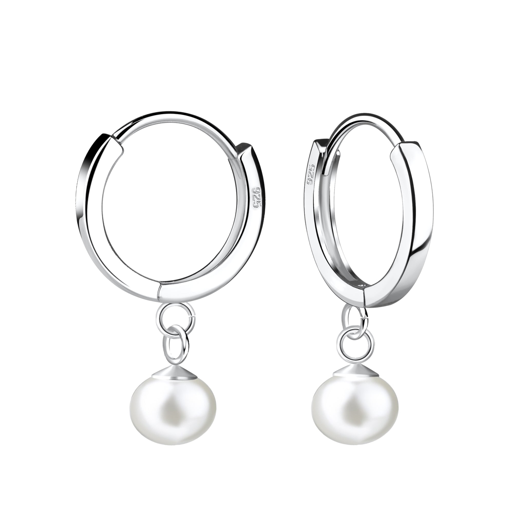 Silver hoop earrings with fresh water pearl drops on a white background