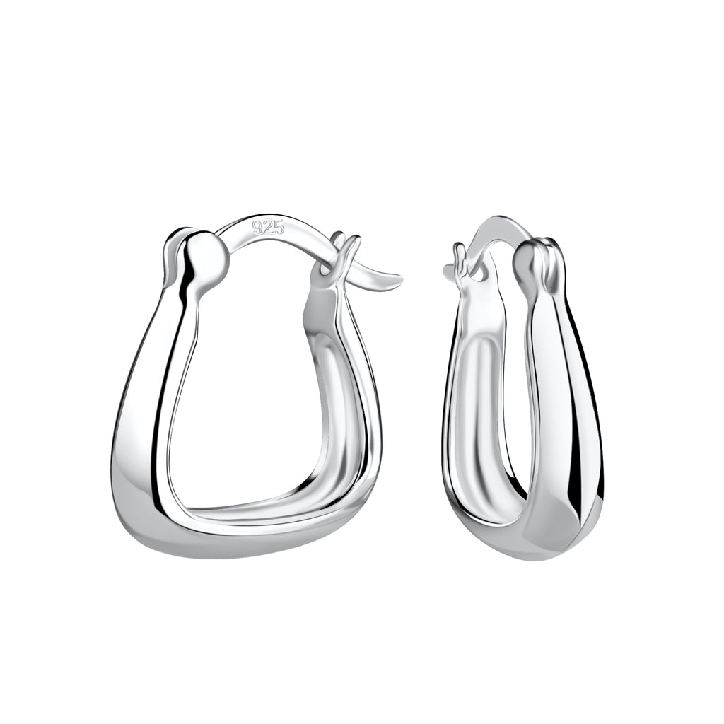 Pair of geometric silver French lock hoop earrings on a white background