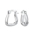 Pair of geometric silver French lock hoop earrings on a white background